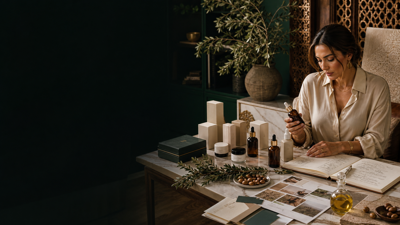 Beauty founder reviewing premium skincare products and brand materials in her studio